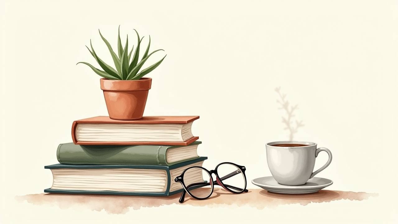 Watercolor illustration of stacked finance hardcover books with reading glasses, ceramic coffee cup, small succulent