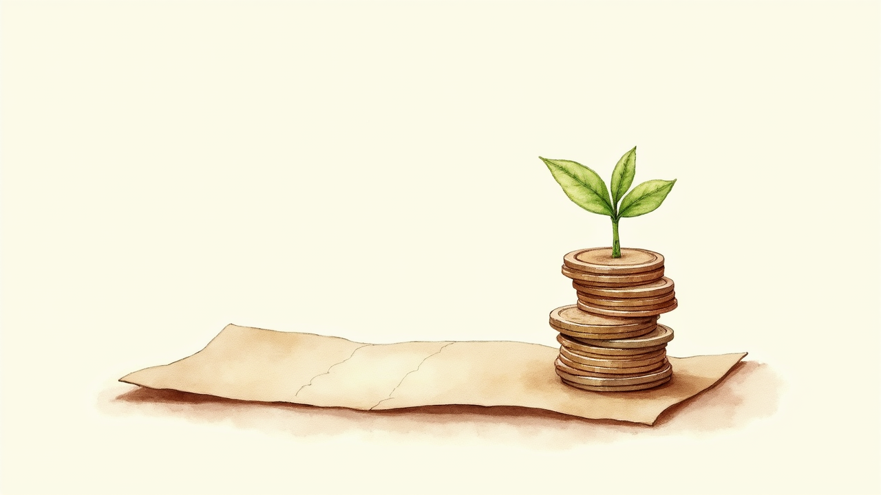 Watercolor illustration of single growing plant beside stack of coins on textured paper