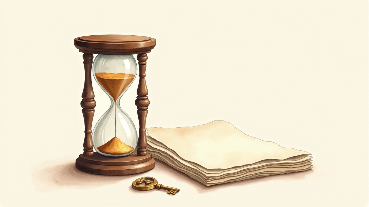 Watercolor illustration of vintage hourglass beside paper financial documents and small key