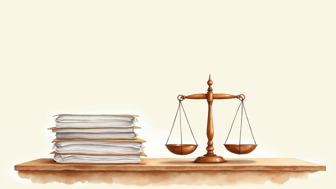 Watercolor illustration of a small wooden balance scale on a wooden desk beside two stacks of paper documents, top-down view