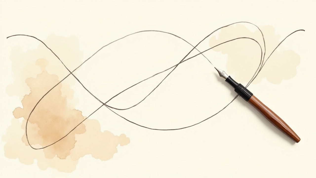 Watercolor illustration of two intersecting line curves on cream paper beside a fountain pen, top-down view, abstract no axis labels