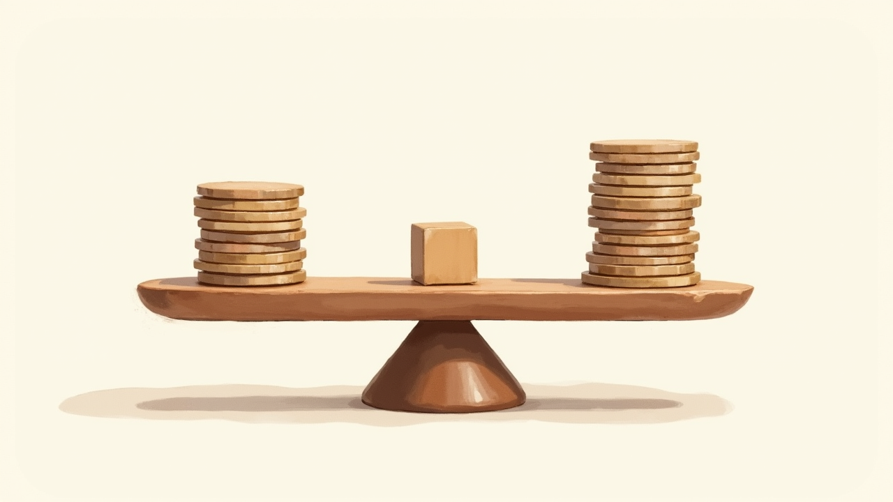Watercolor still life of a small wooden balance scale with stacks of coins on each side and a small wooden cube between them, top-down view