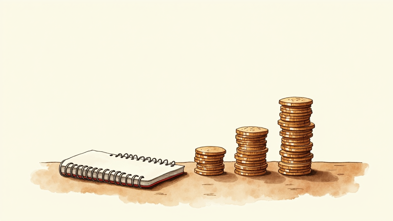 Watercolor illustration of three stacks of coins of different heights on a wooden surface beside a small notebook, top-down view