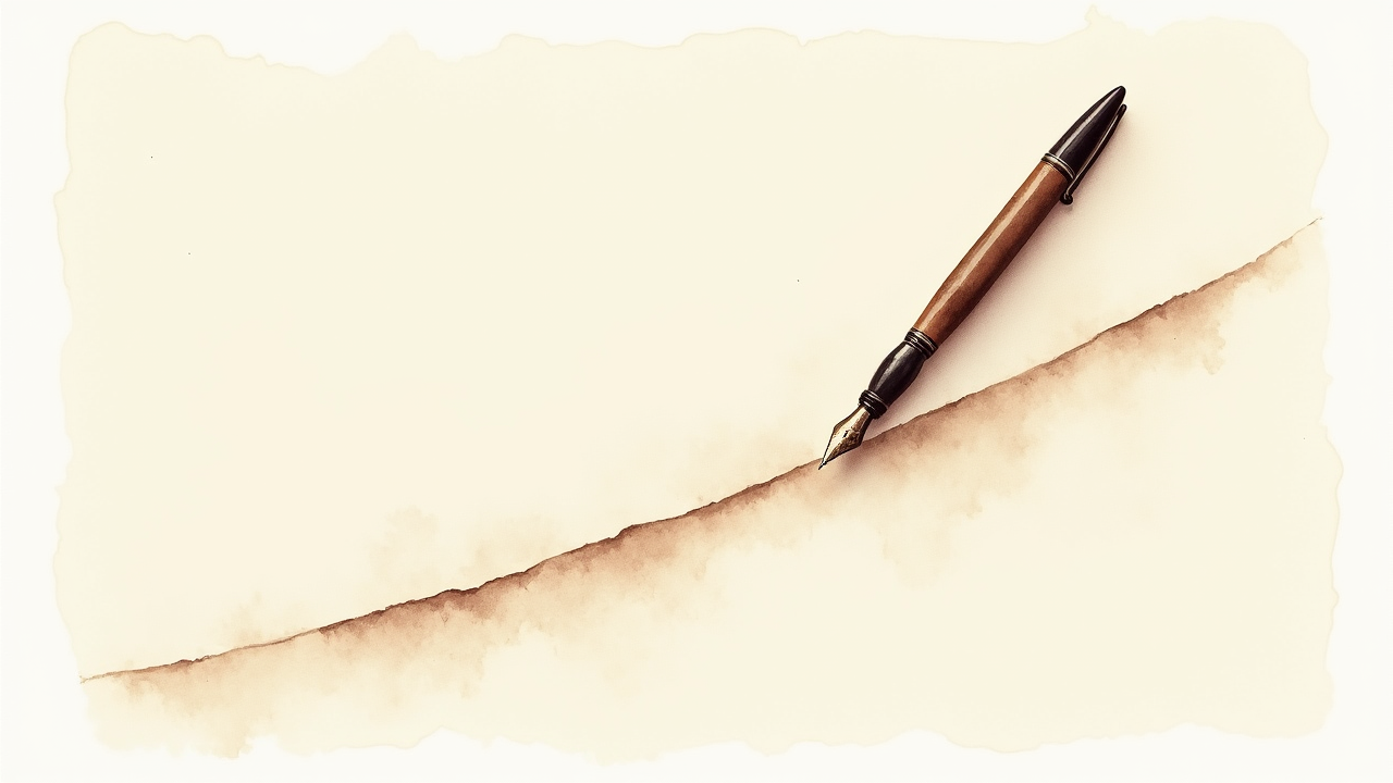 Watercolor illustration of a downward-sloping smooth curve drawn on cream paper beside a fountain pen, abstract no axis labels