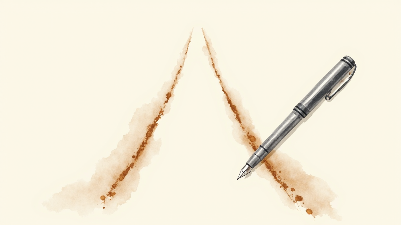 Watercolor illustration of two parallel paths drawn on cream paper, one slightly steeper than the other, with a fountain pen beside them