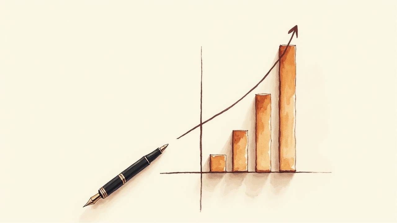 Watercolor illustration of an upward-sloping bar chart with three bars on cream paper beside a fountain pen, top-down view
