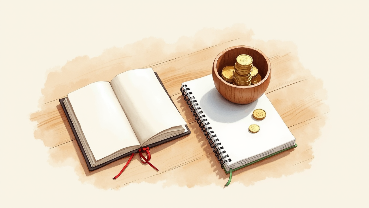 Watercolor illustration of a small wooden bowl filled with a stack of coins beside a small notebook, top-down view, on a wooden surface
