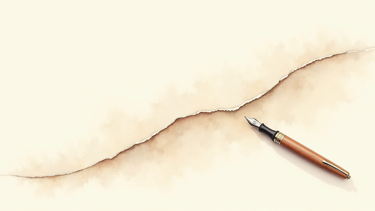 Watercolor illustration of two parallel ascending line curves on cream paper beside a fountain pen, abstract no axis labels