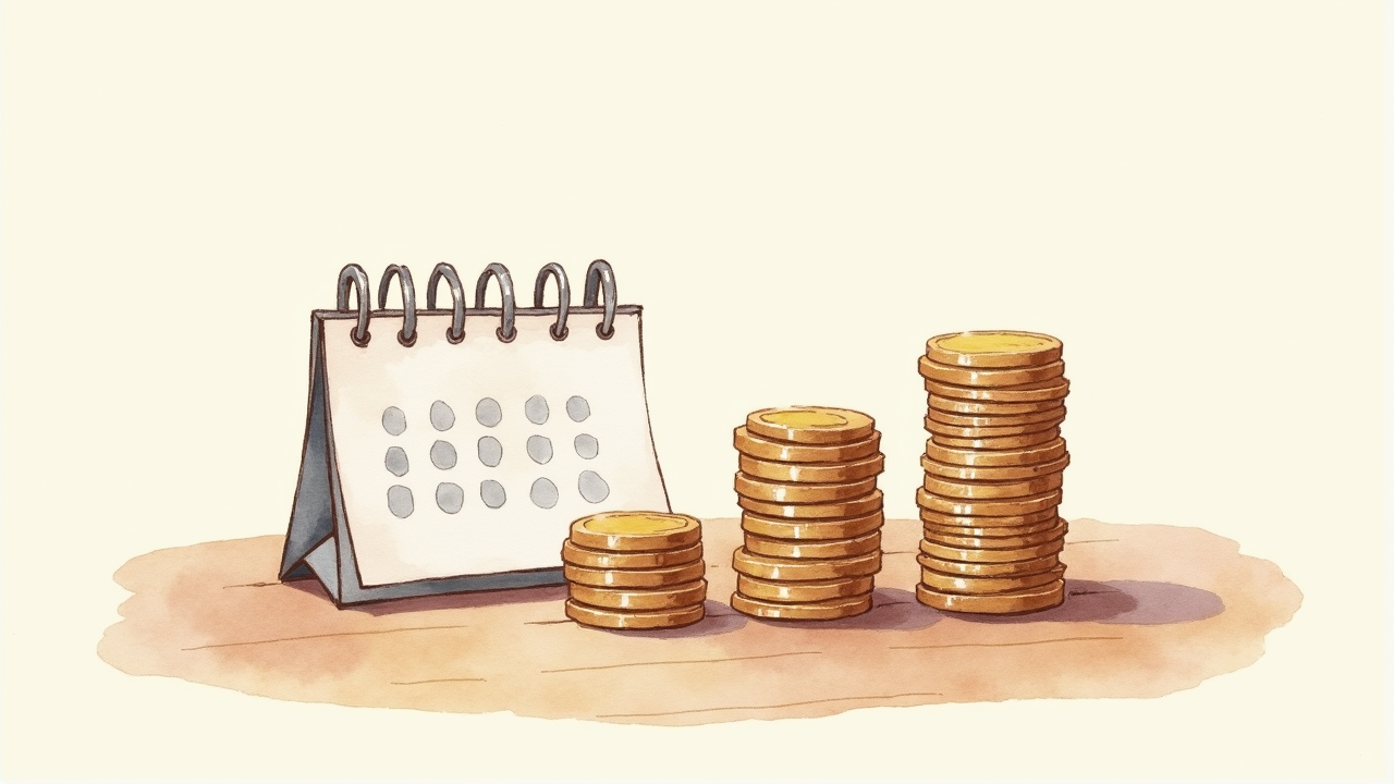 Watercolor illustration of stacks of coins on a wooden surface beside a small calendar grid showing four equal sections, top-down view