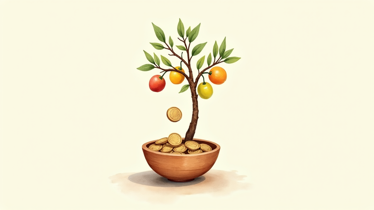 Watercolor illustration of a small fruit tree with coins falling from branches into a wooden bowl below, top-down view