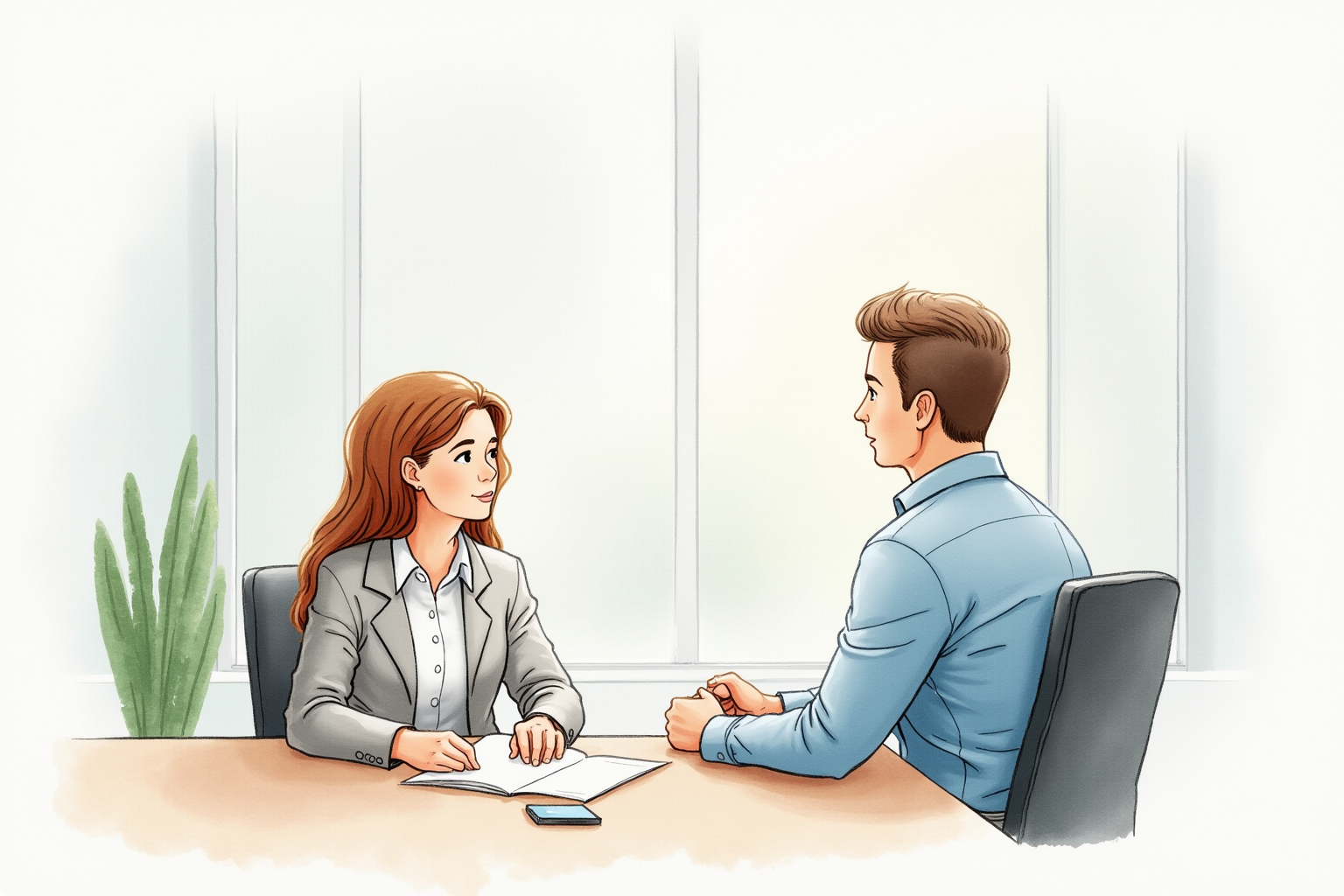 Person speaking with financial advisor across desk in modern office