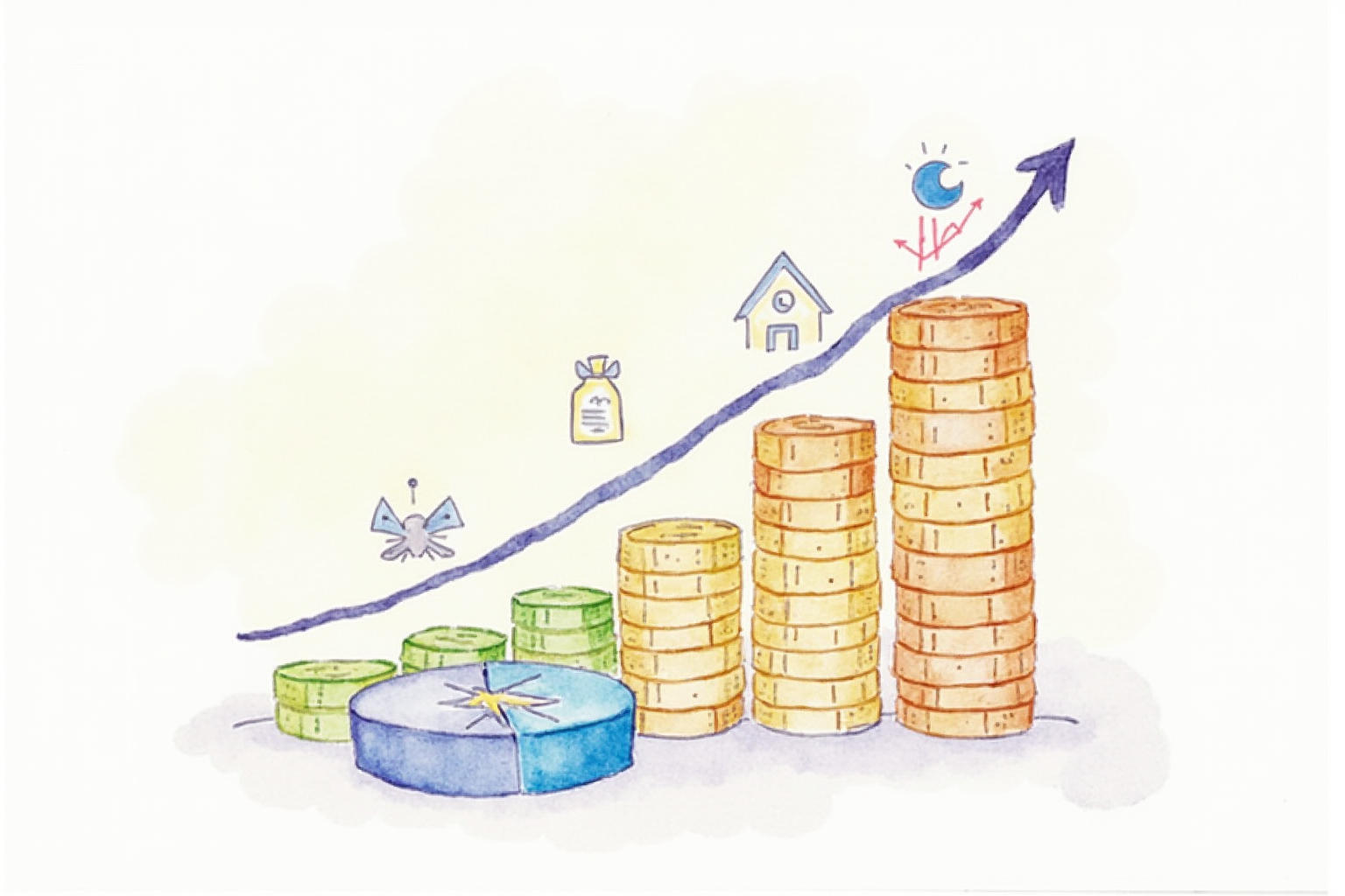 Upward-trending diversified portfolio pie chart with coins and growth icons