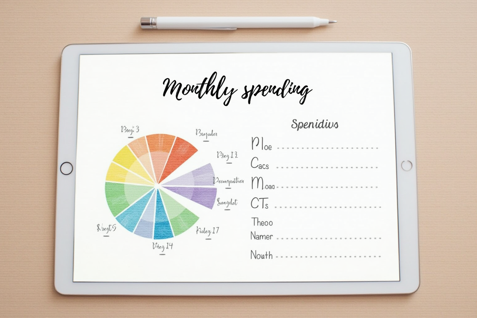 Monthly spending pie chart with multiple category slices on tablet