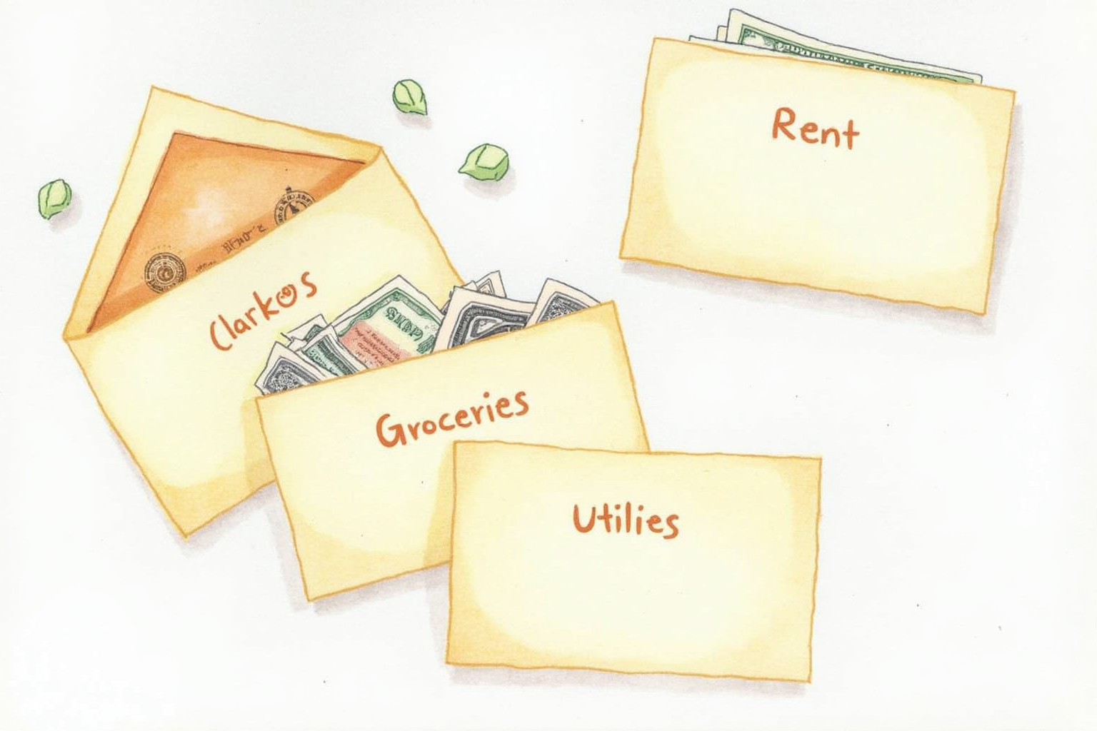 Envelope budgeting system with cash envelopes labeled groceries rent utilities