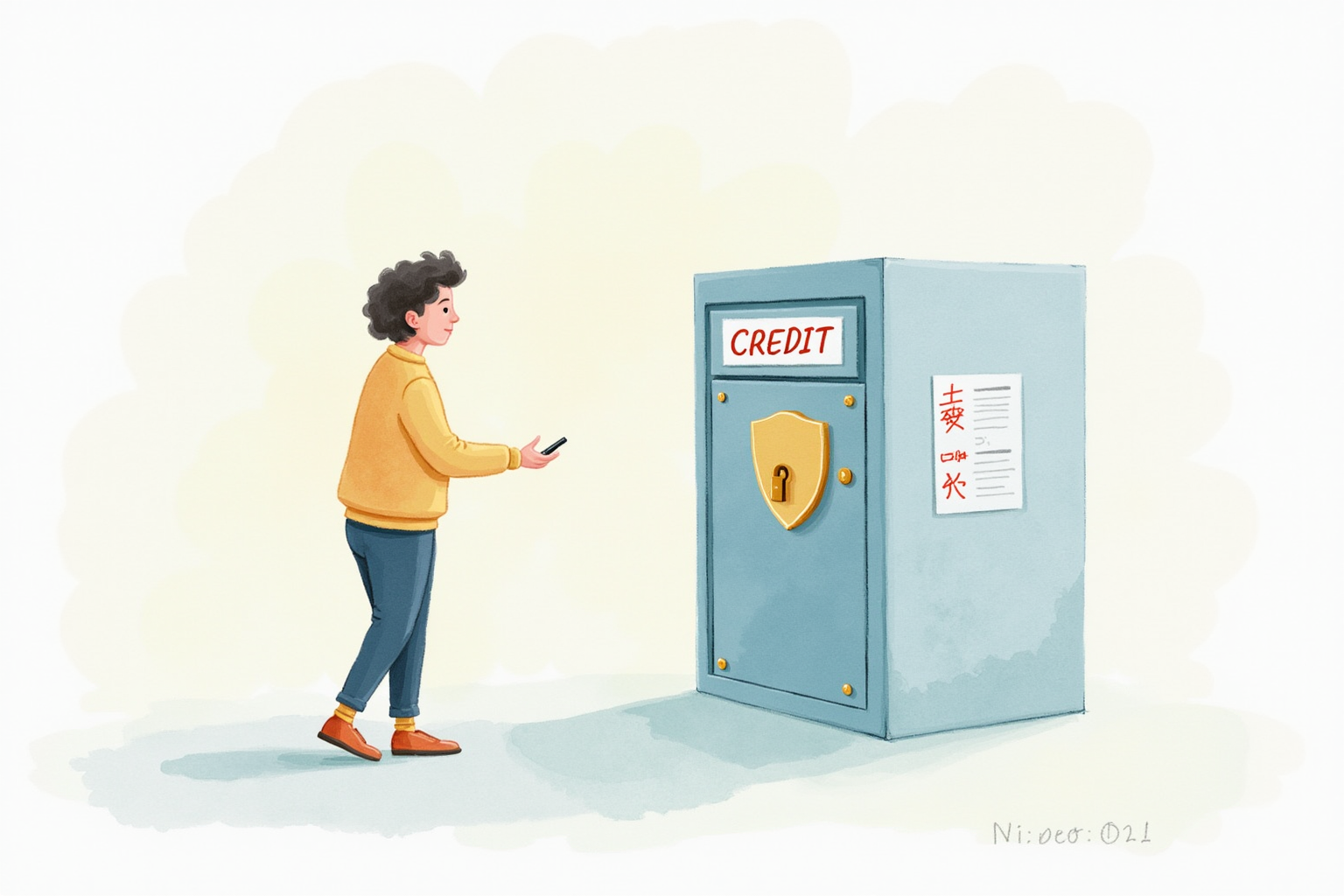 Person locking credit at three bureau locations security shield concept