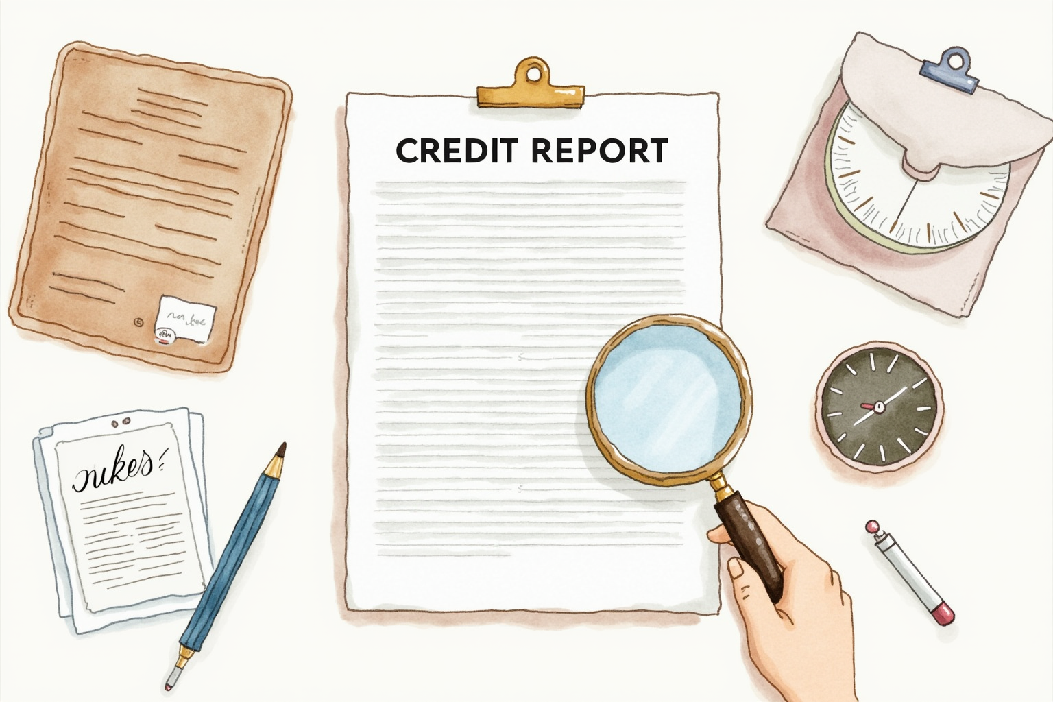 Credit report document on desk with magnifying glass examining items