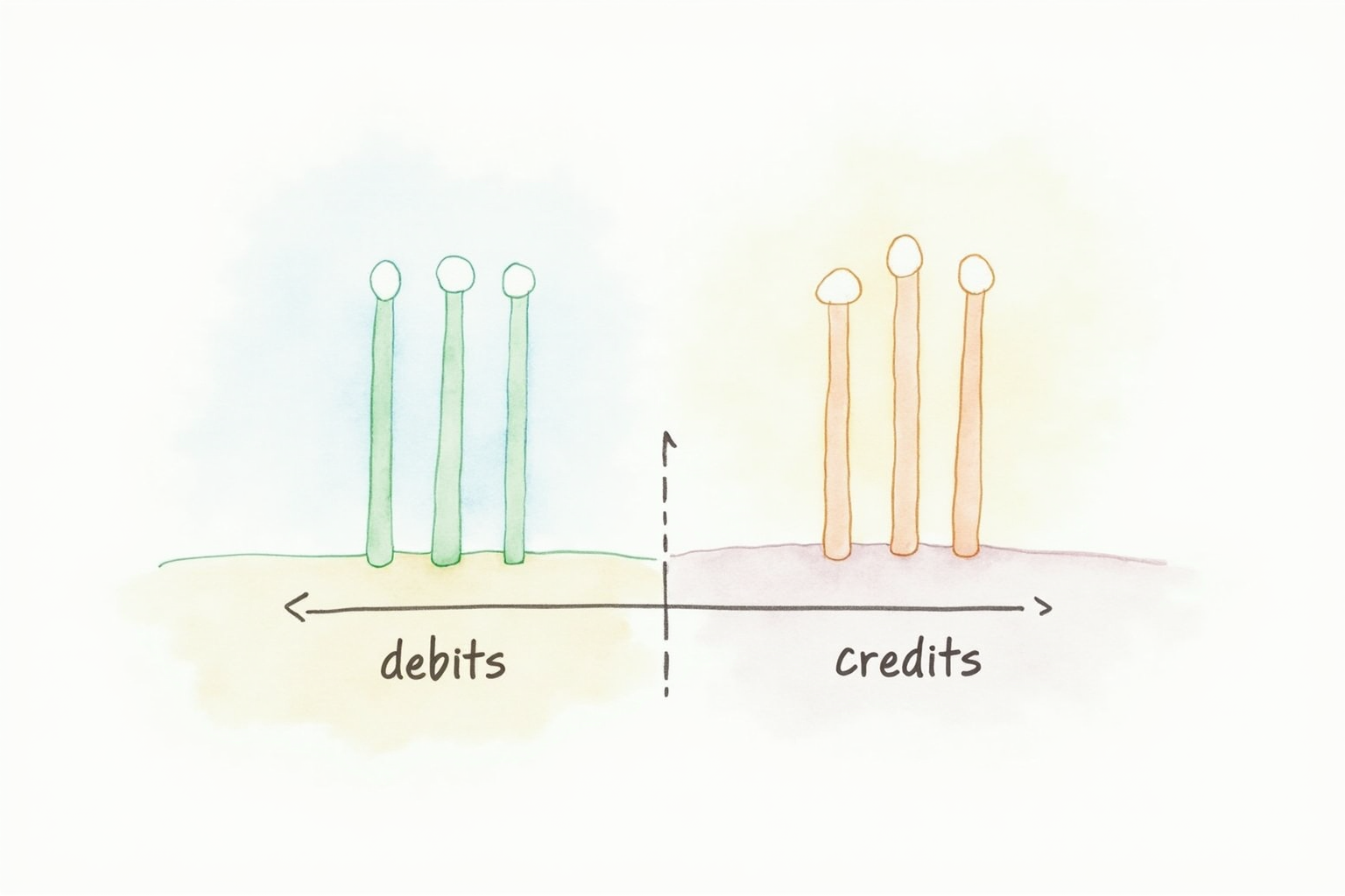 Double-entry accounting concept with debits and credits balanced columns