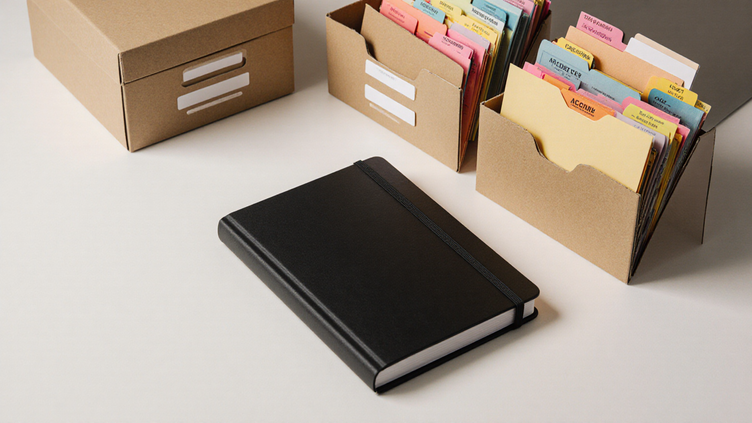 Closed notebook and finance archive boxes