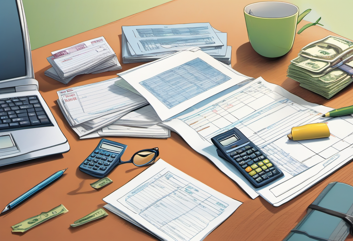 Quarterly cash flow planning illustration with envelopes and calculator